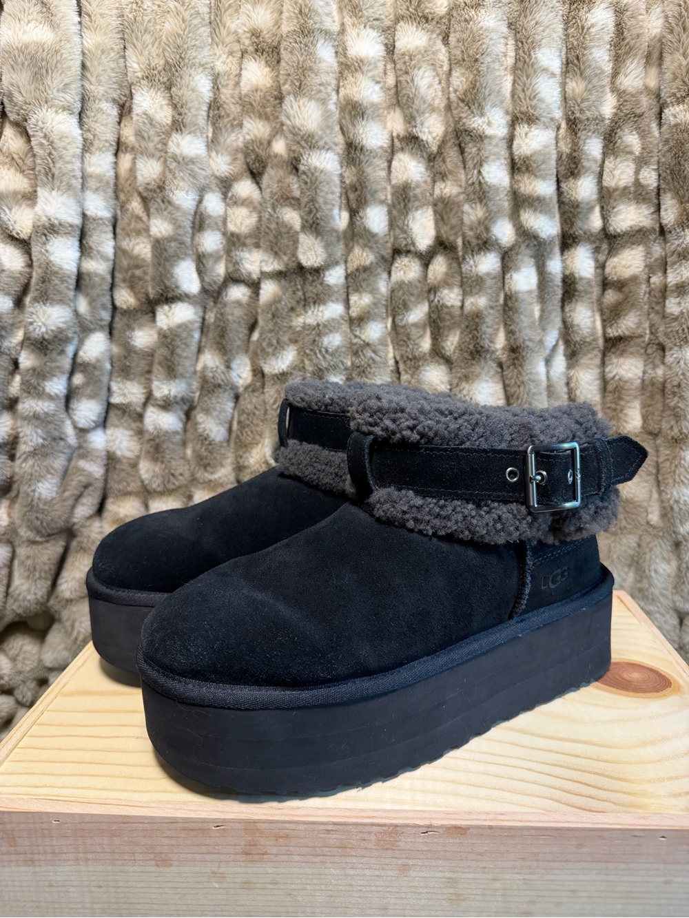 UGG Women's Black Suede Shearling Cuff Platform Mules